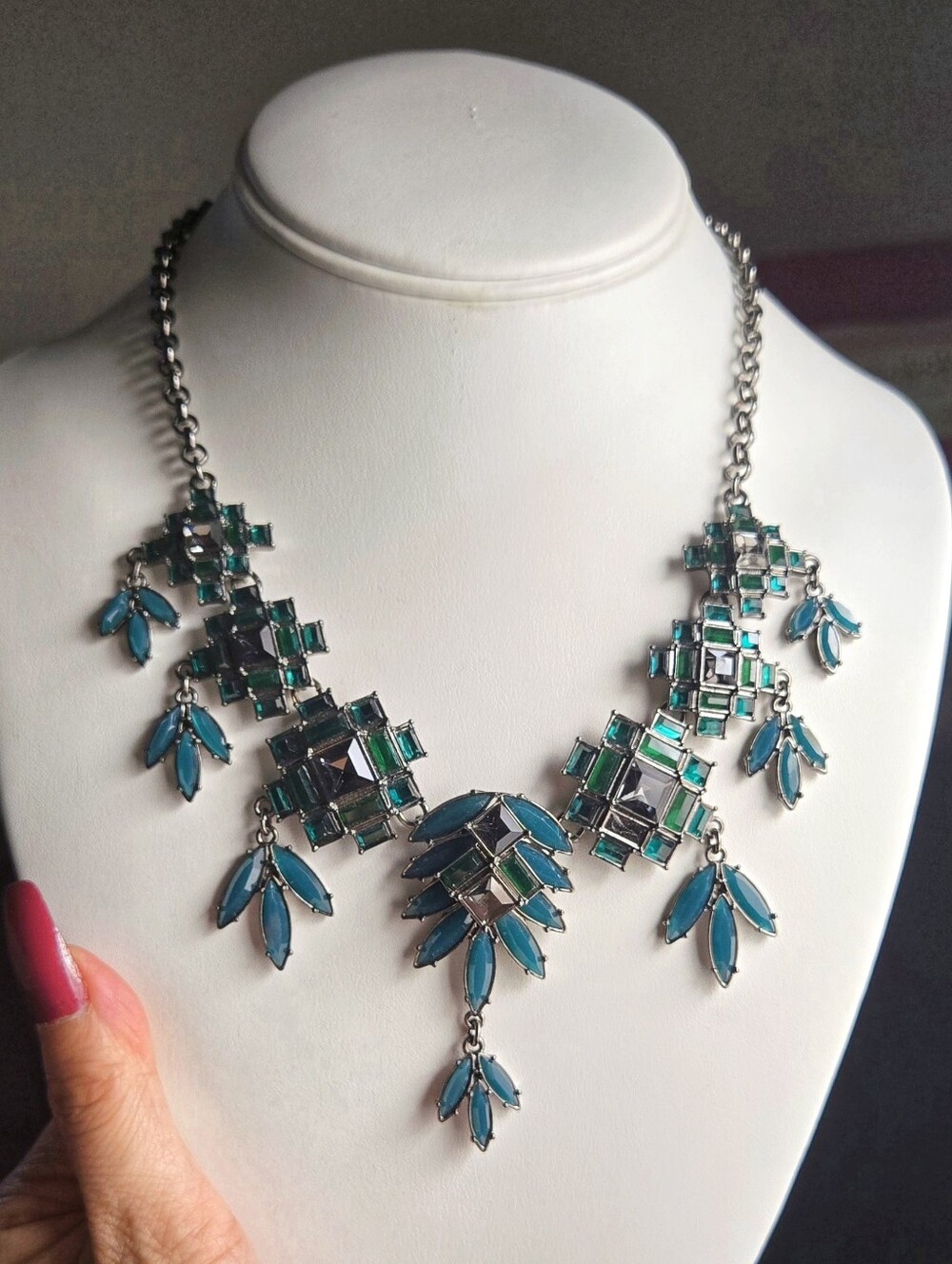 Vintage Loft Teal and Green Statement Necklace Gunmetal Chain